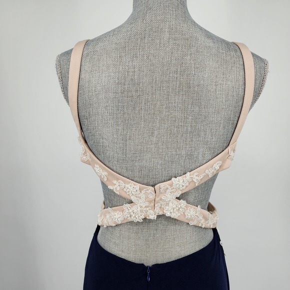 Nina Canacci Formal Evening Dress 10 Embellished Beaded Cut Out Navy‎ Blue Cream - Picture 11 of 15